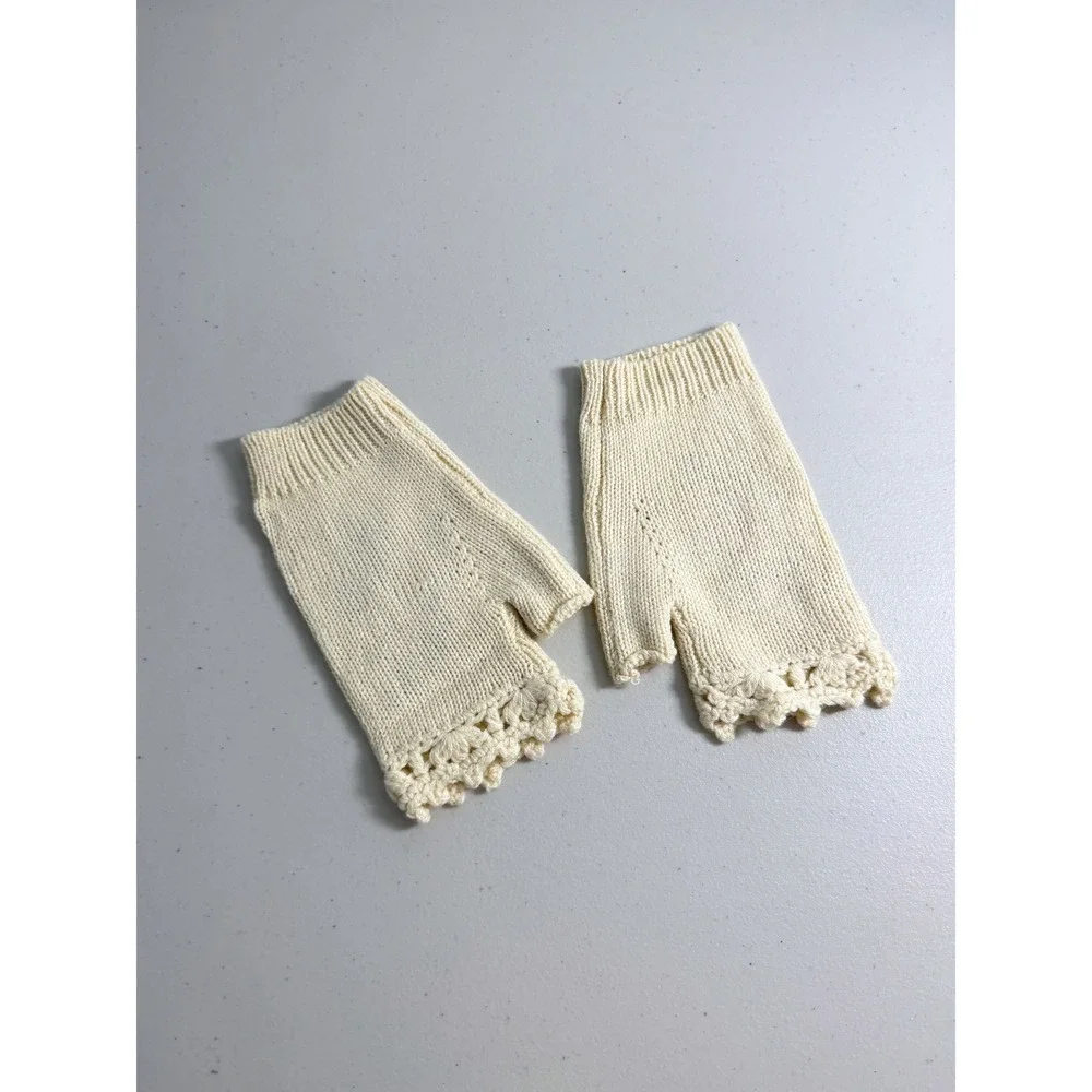 Unbranded Knit Fingerless Gloves Cream Floral Bee Embroidery Crochet Warmers‎